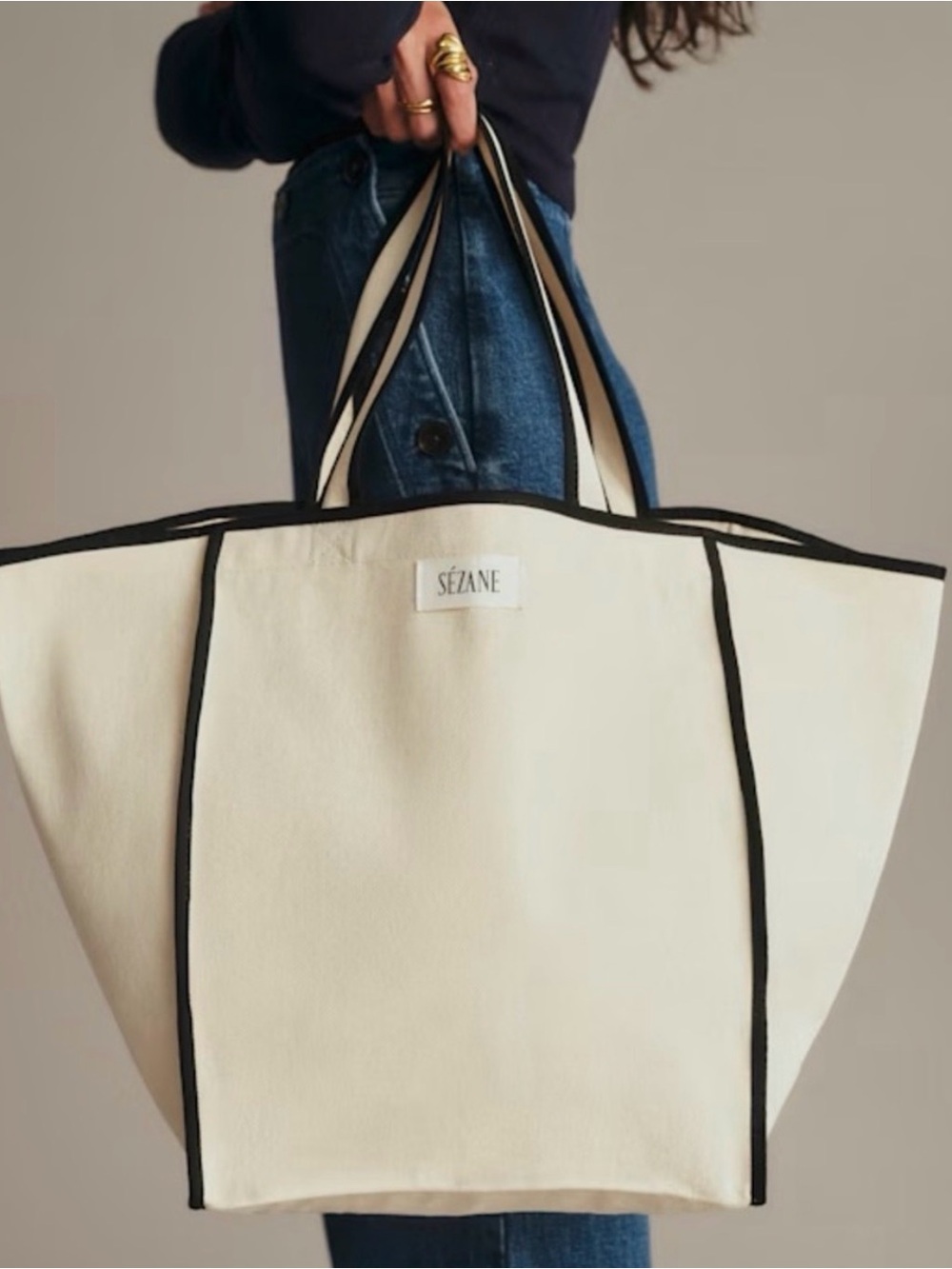 Sezane Cream Canvas Tote with Black Trim